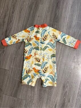 Bird Print Swim Romper with Coral Trim